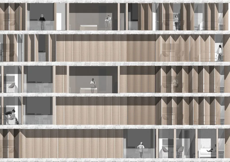 High-rise residential tower emphasizing verticality within a mixed-use, community-oriented urban fabric.