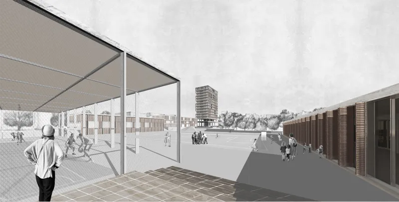 Perforated facade system modulating light, privacy, and environmental performance across residential units.