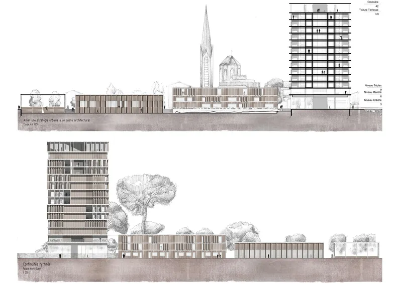 Urban section illustrating the integration of housing, public programs, and vertical density within the site.