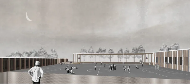 Active public realm with sports infrastructure and community spaces fostering social interaction and urban life.