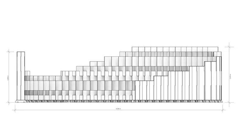 Elevation drawing of the opposite side of the curved wall with alternating panel depths