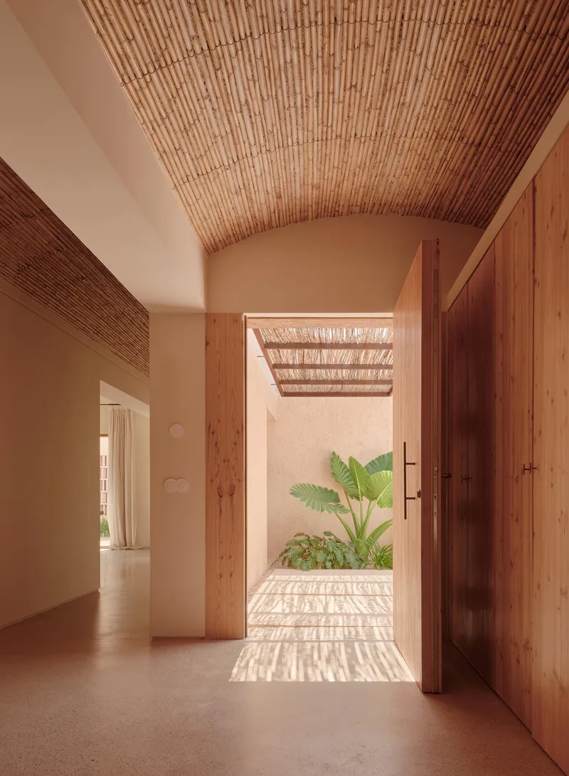 Interior hallway with vaulted slatted ceiling framing view to courtyard garden with dappled shadow