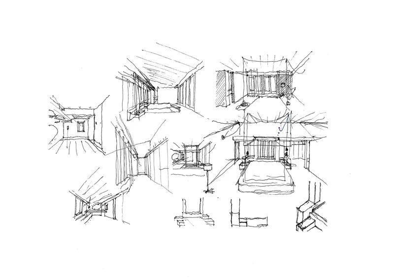 Perspective sketch studies showing various interior corridor views and spatial sequences throughout the residence