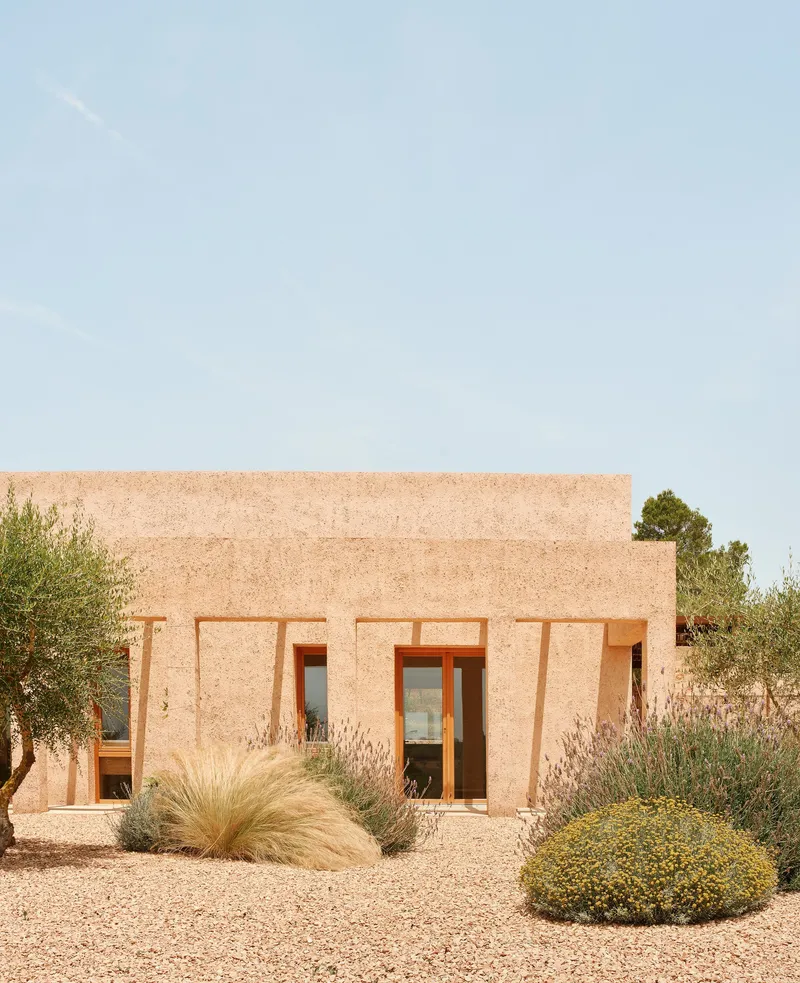 Straw-textured facade with timber-framed openings and recessed terrace surrounded by grasses and shrubs under clear sky