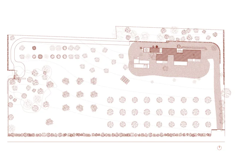 Site plan drawing showing rectangular building footprint surrounded by orchards and scattered tree plantings