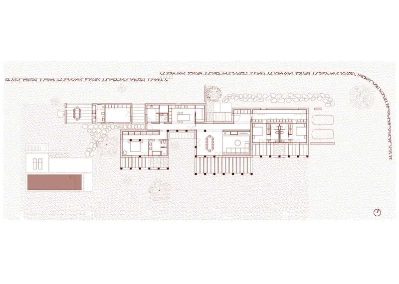 Floor plan drawing showing an elongated residence with courtyards and a row of trees along the curved site boundary