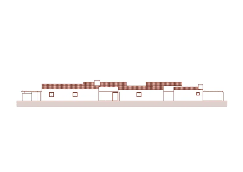 Elevation drawing depicting the long facade with white walls and terracotta tile roof sections