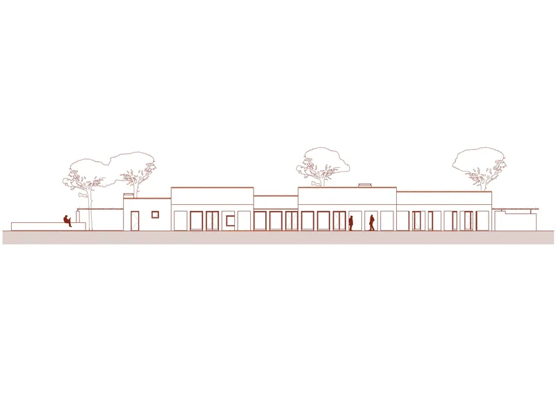 Elevation drawing showing the colonnade facade with silhouetted figures and three outlined trees above