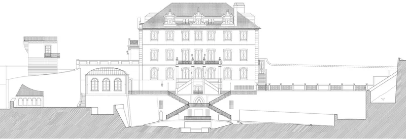Section drawing showing a mansion above a terraced hillside with underground levels