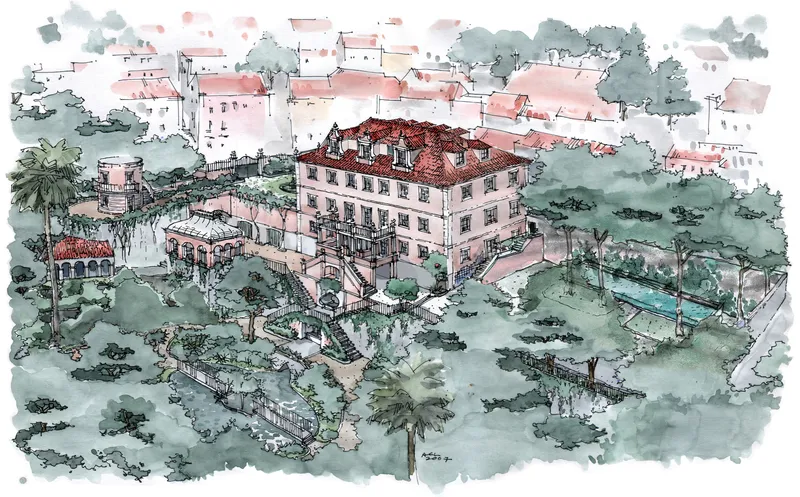 Watercolor sketch showing a building with red tile roof nestled among trees and surrounding neighborhood rooftops