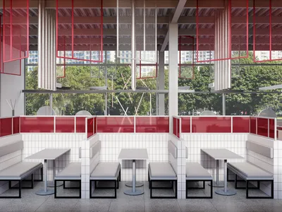 Coffee Machine Red: A Contemporary Cafe Interior Design Exploring Spatial Identity