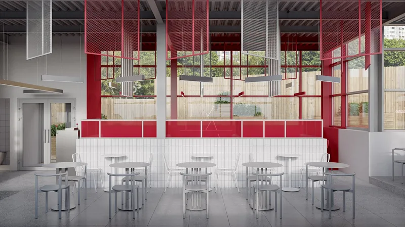 Minimal dining zone with geometric furniture and a strong red-white material contrast.