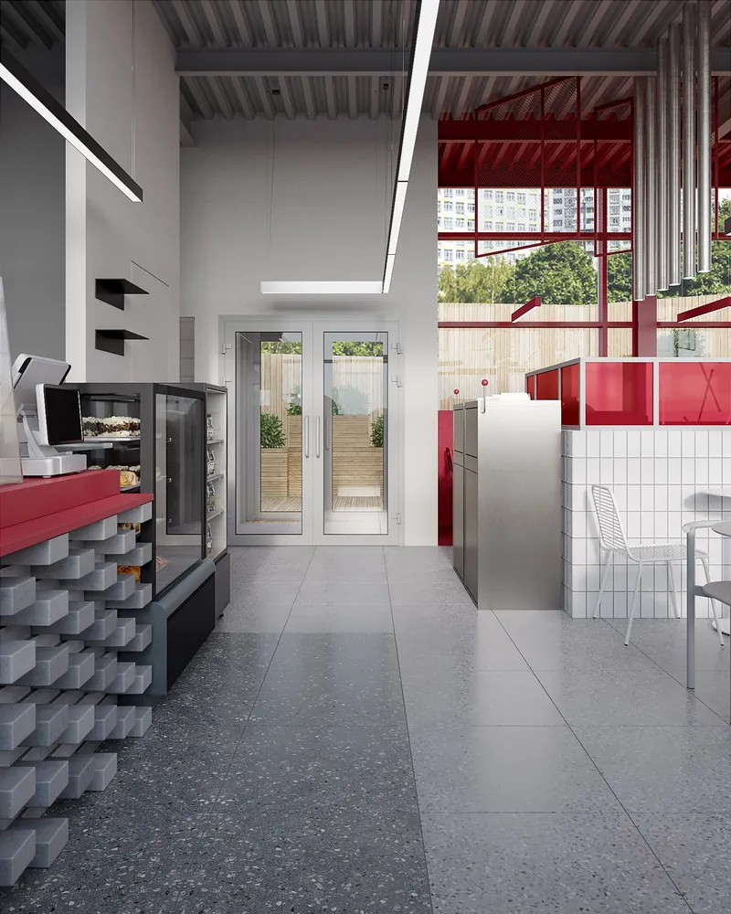 Entry and service transition with exposed materials and clean industrial finishes.