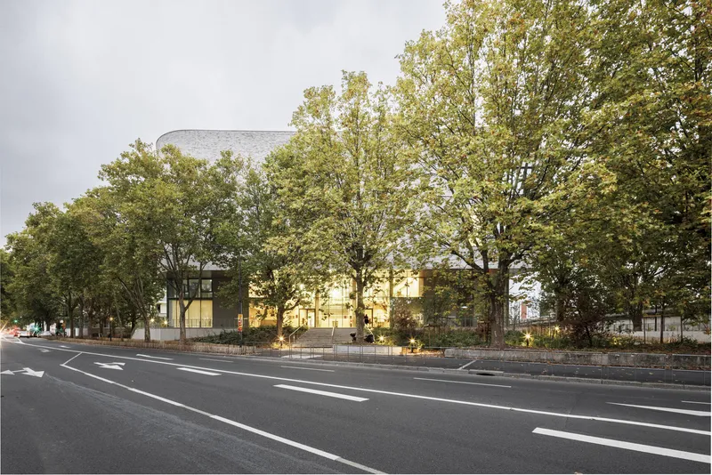 The glass-walled ground floor glowing at dusk behind a row of mature street trees