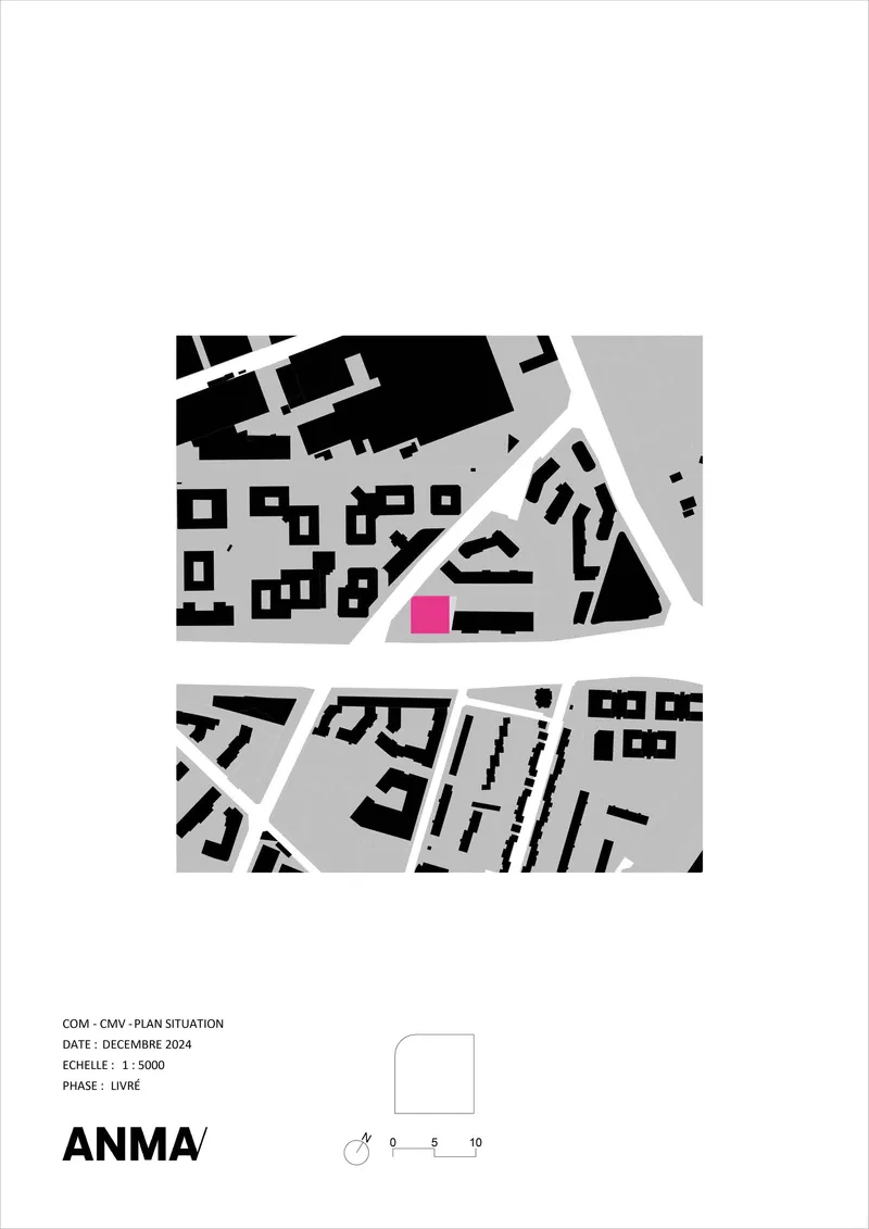 Site plan drawing showing the highlighted building volume within the surrounding urban fabric and street network