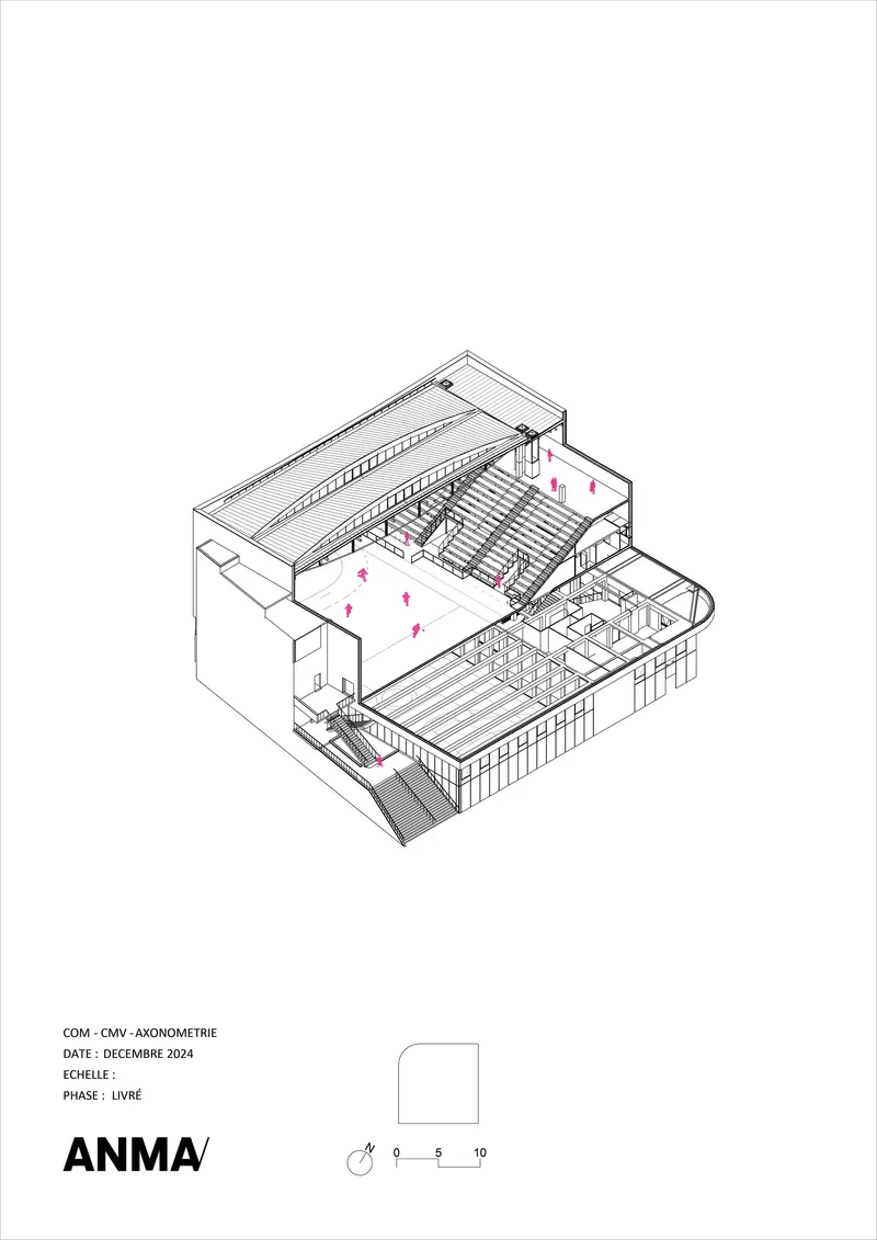 Axonometric drawing revealing the interior spatial arrangement with gymnasium, bleachers, and tiered support spaces