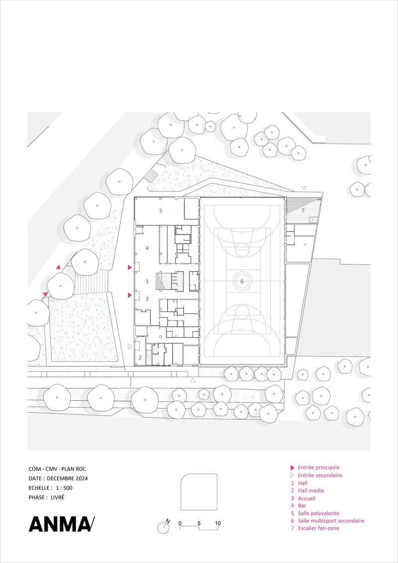 Site plan drawing showing a rectangular building with central basketball court surrounded by landscape and trees