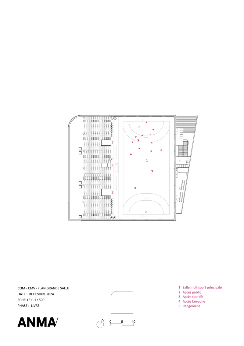Floor plan drawing showing tiered seating along one side and full basketball court with surrounding support spaces