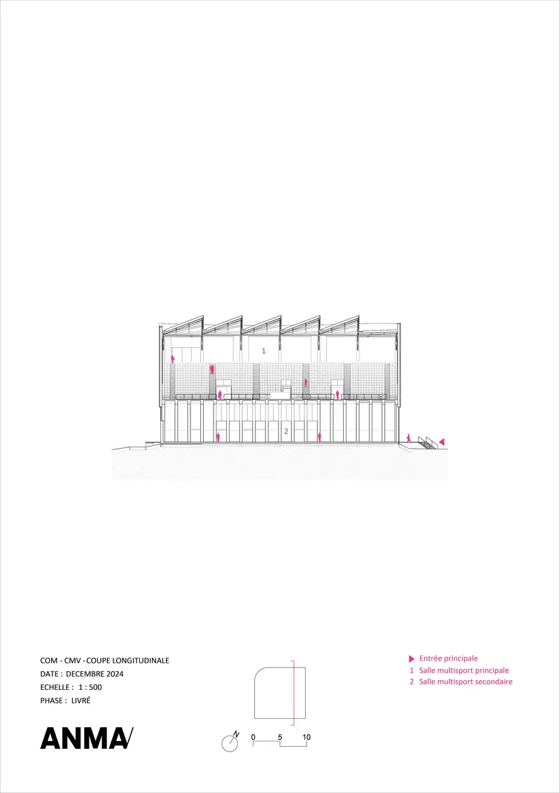 Longitudinal section drawing showing sawtooth roof structure above tiered seating and exposed structural frame
