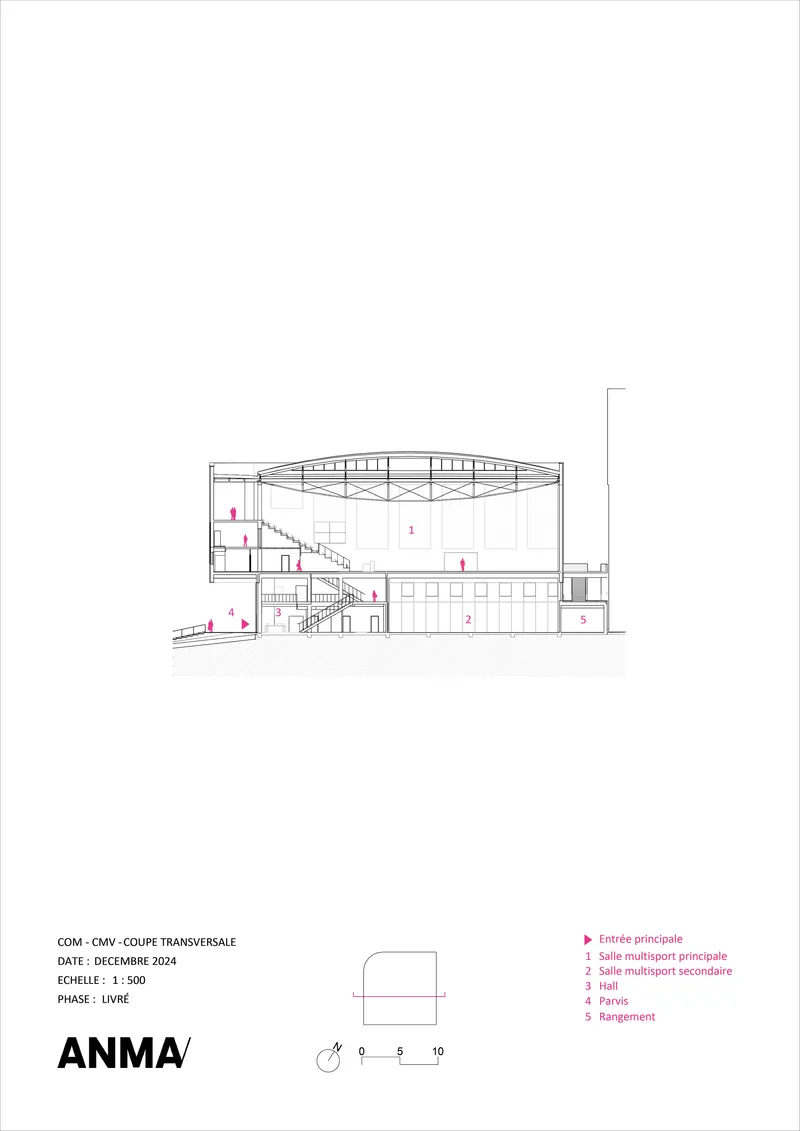 Transverse section drawing revealing double-height gymnasium space with suspended curved roof and interior staircase