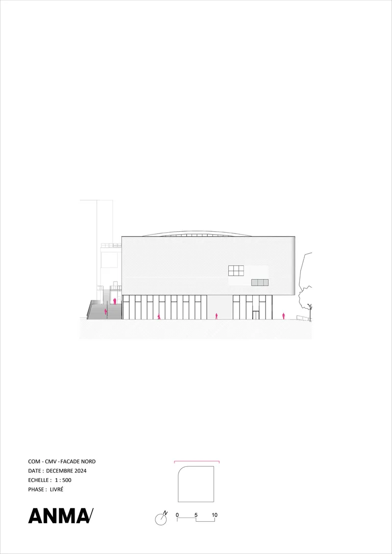 North elevation drawing depicting rectangular volume with colonnade at ground level and vertical window tower