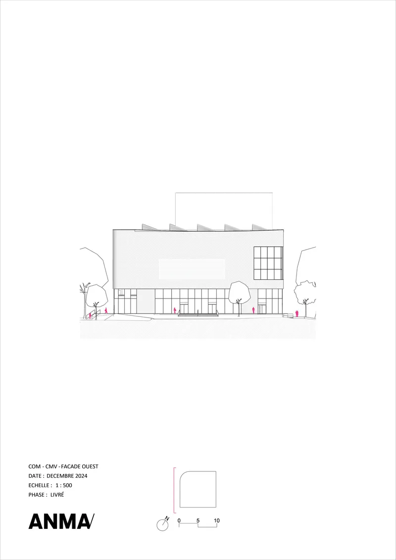 West elevation drawing showing horizontal building mass with grid windows flanked by trees in line art