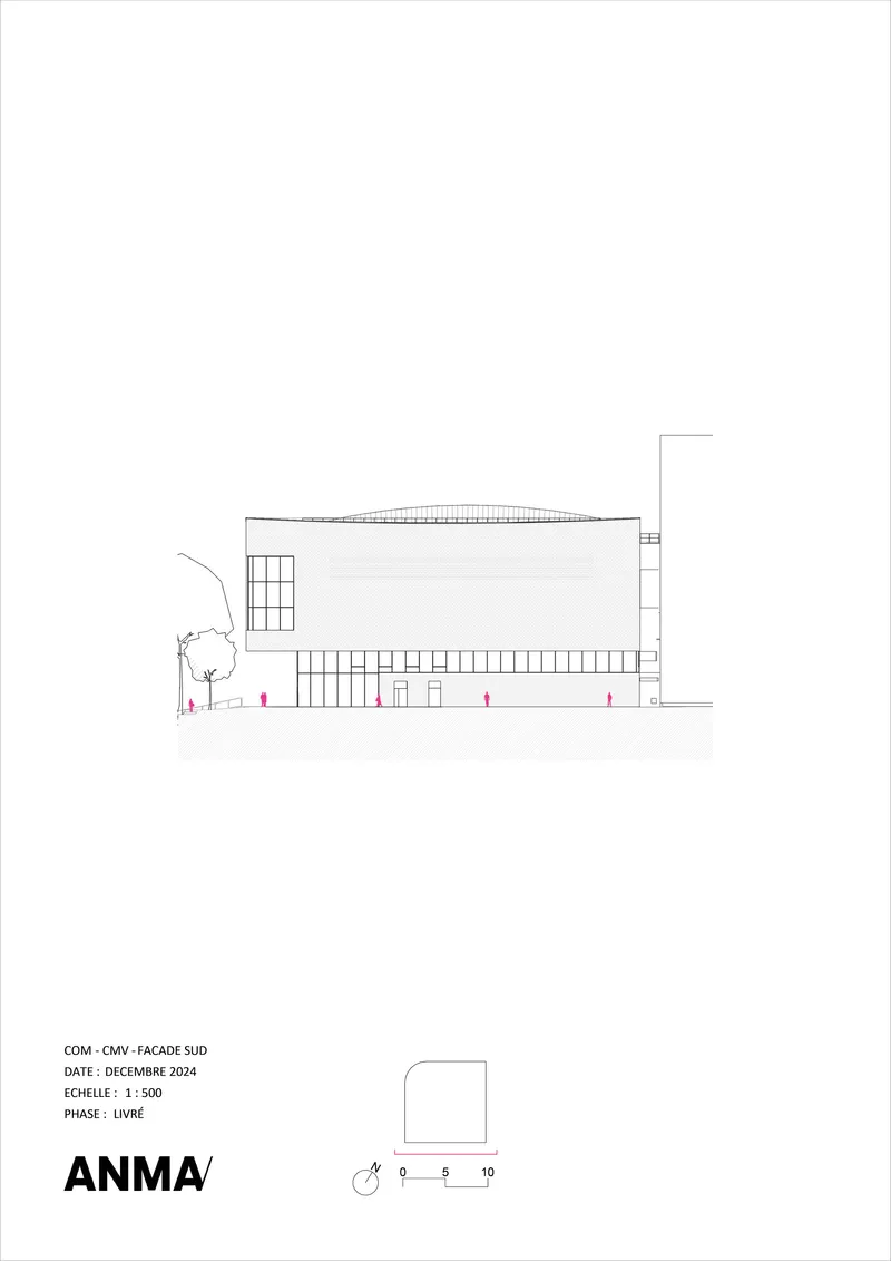 Elevation drawing showing a two-level volume with gridded openings and a vertical tower element