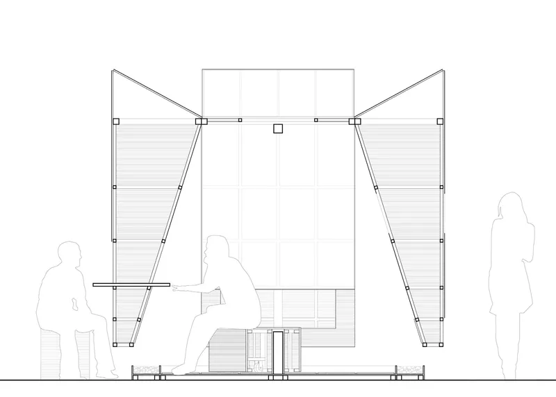 Section drawing depicting angled wall panels, a central volume, and three human figures for scale