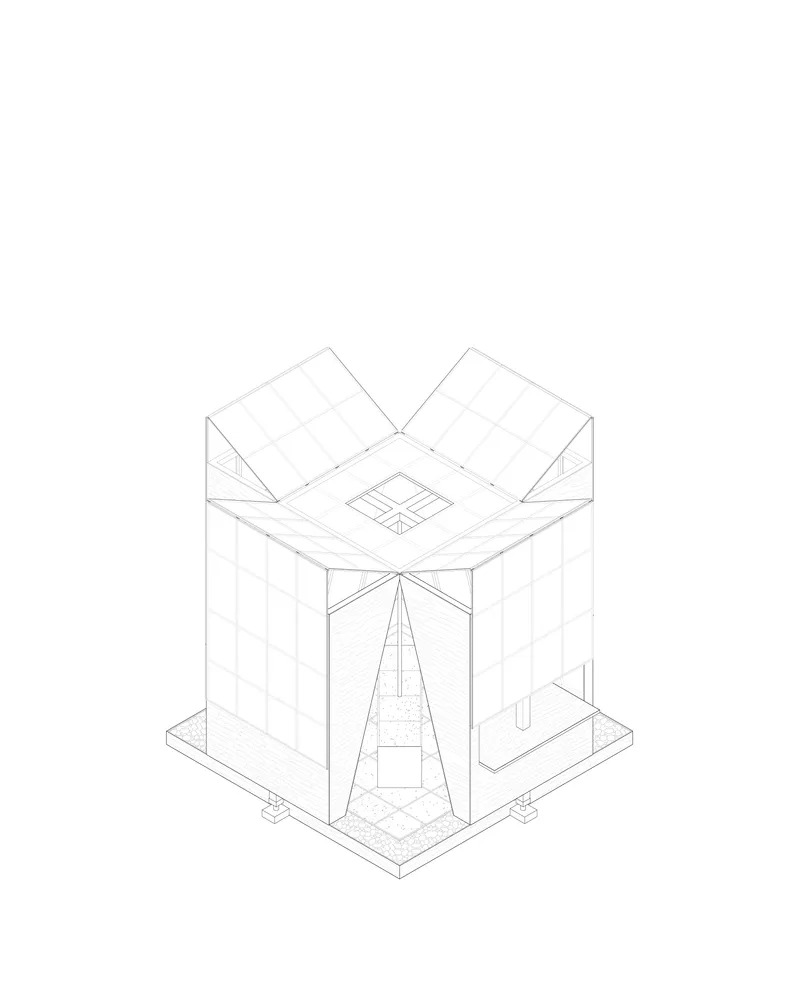Axonometric drawing showing a square volume with butterfly roof and central skylight above entrance steps