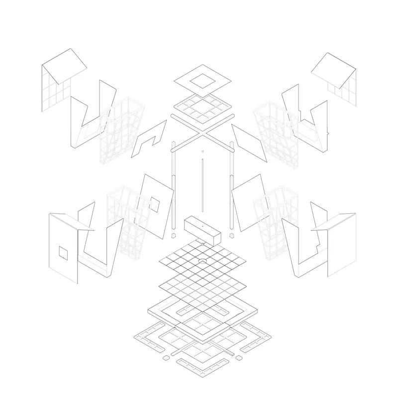 Exploded axonometric drawing revealing layered building components including roof planes, wall panels, and floor grids