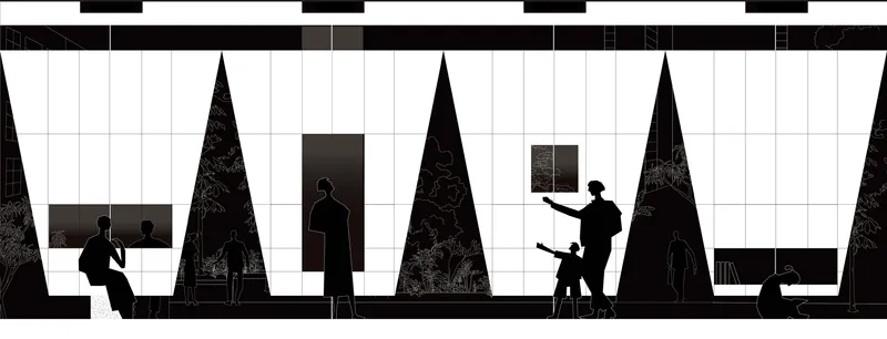 Section drawing depicting interior spaces with tall triangular voids and silhouetted figures at workstations