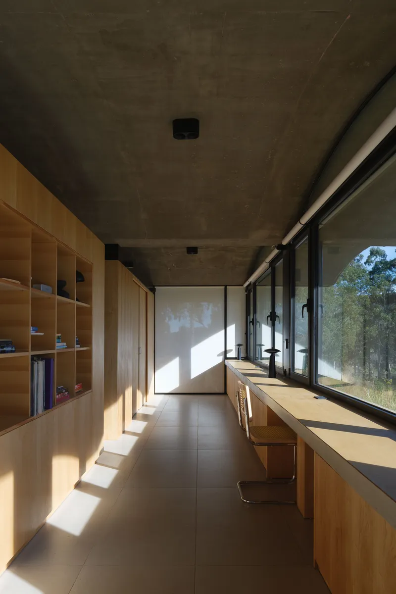 Study corridor with built-in plywood shelving and desk illuminated by afternoon sun