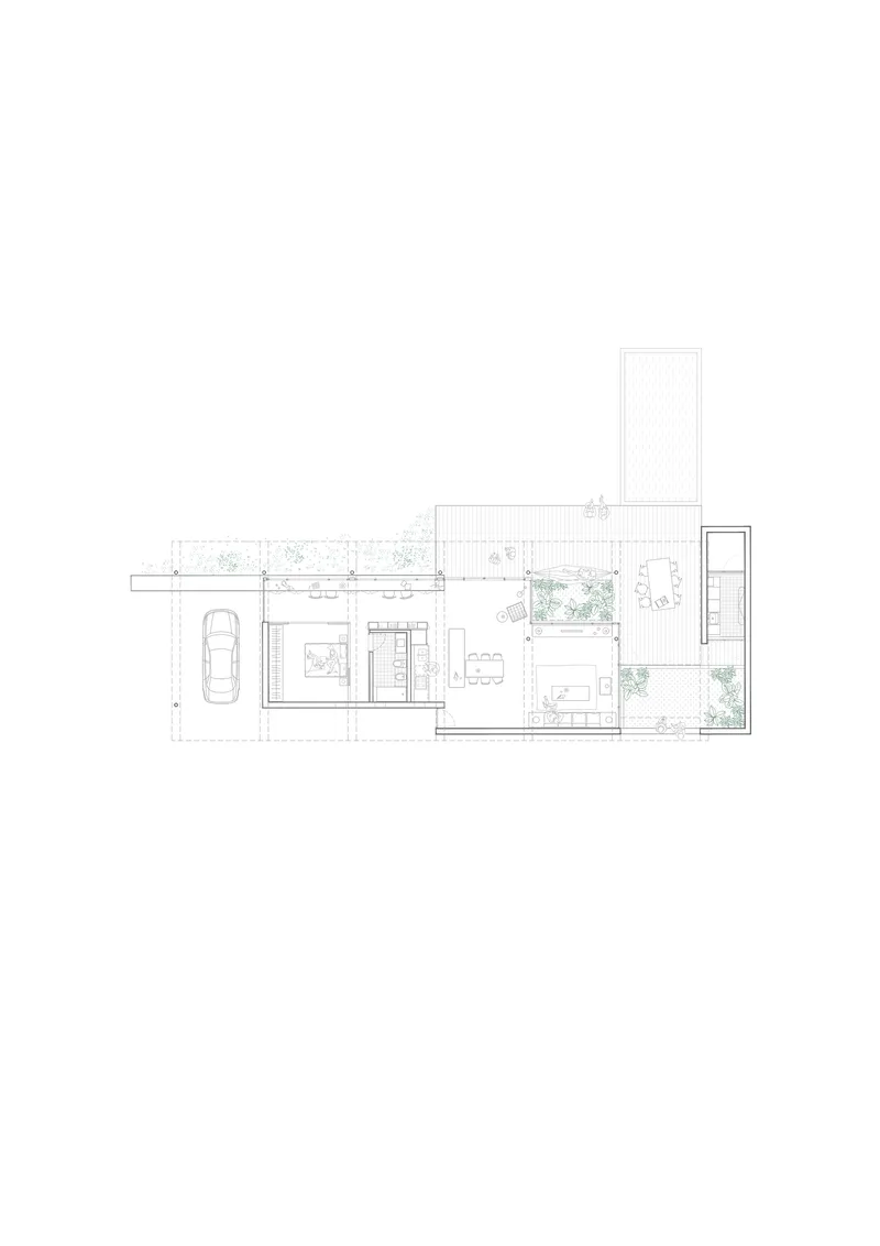 Floor plan drawing showing a linear residence with carport, courtyard gardens and vertical tower