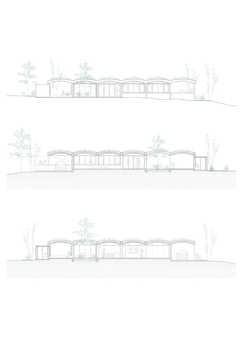 Elevation drawings showing three views of the vaulted roof sequence flanked by trees