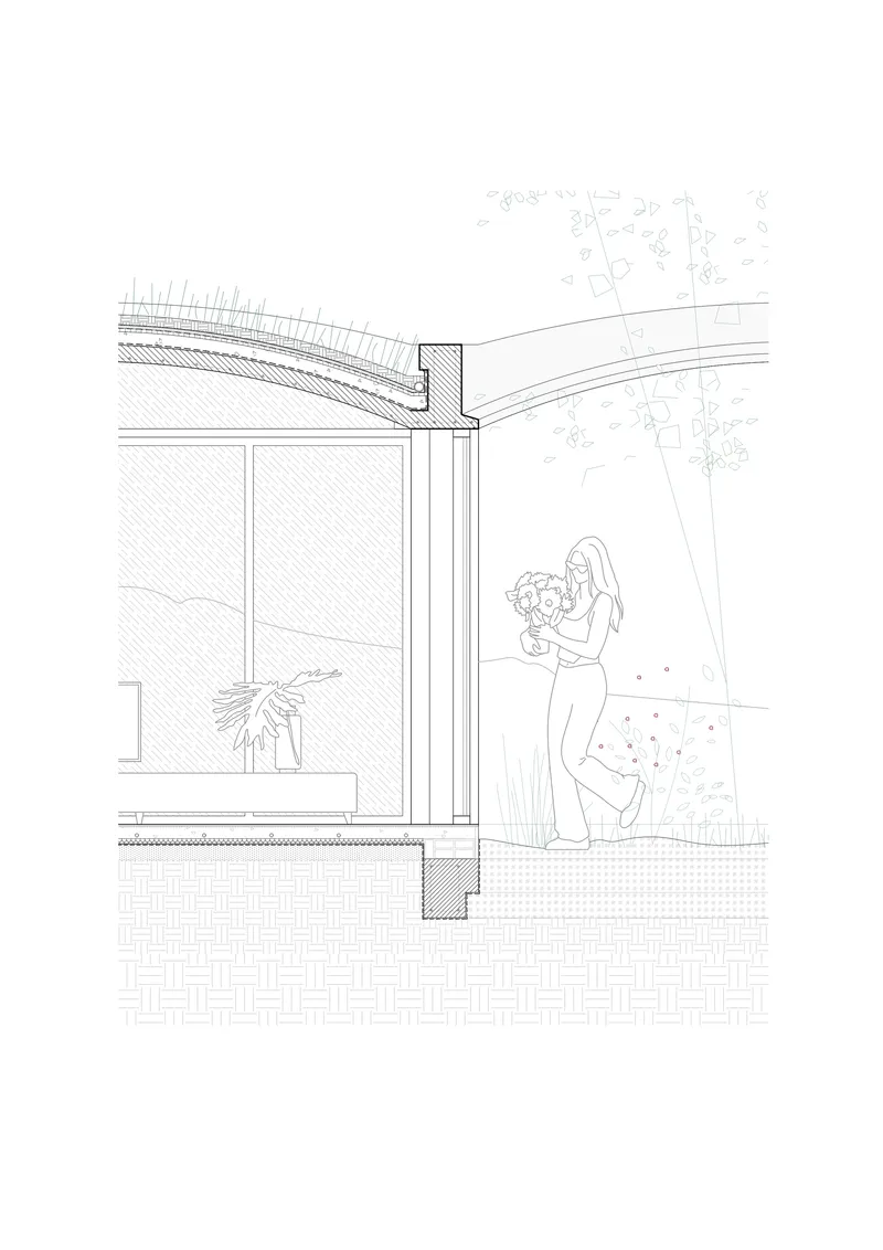 Section detail drawing showing the roof edge meeting glazing with a figure holding flowers