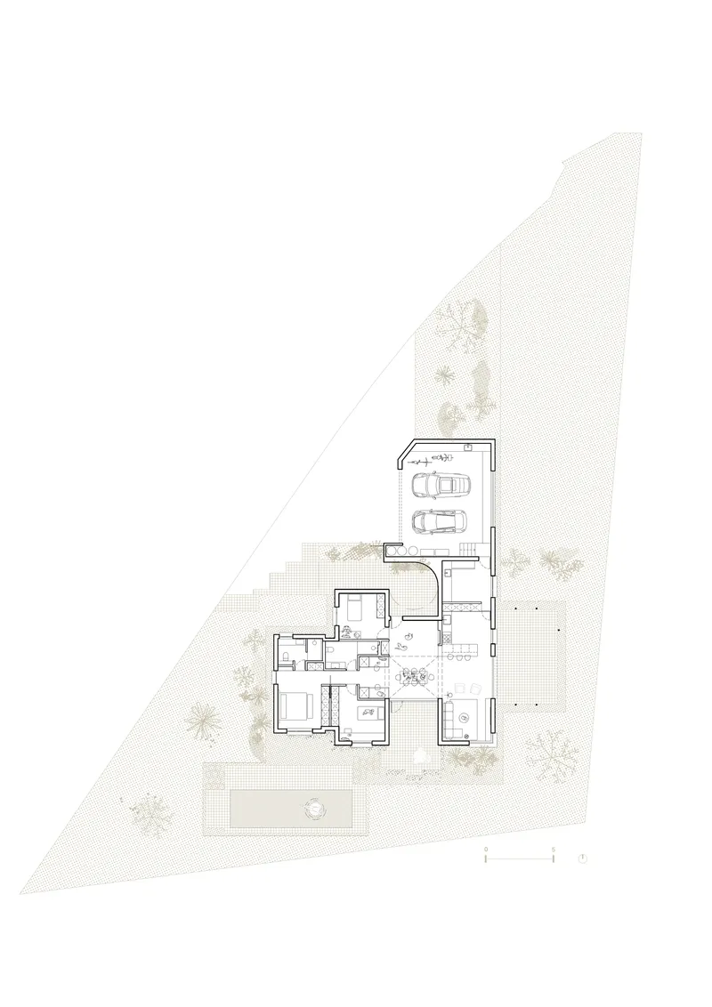 Site plan drawing showing the residence with garage, courtyard, pool and surrounding landscape