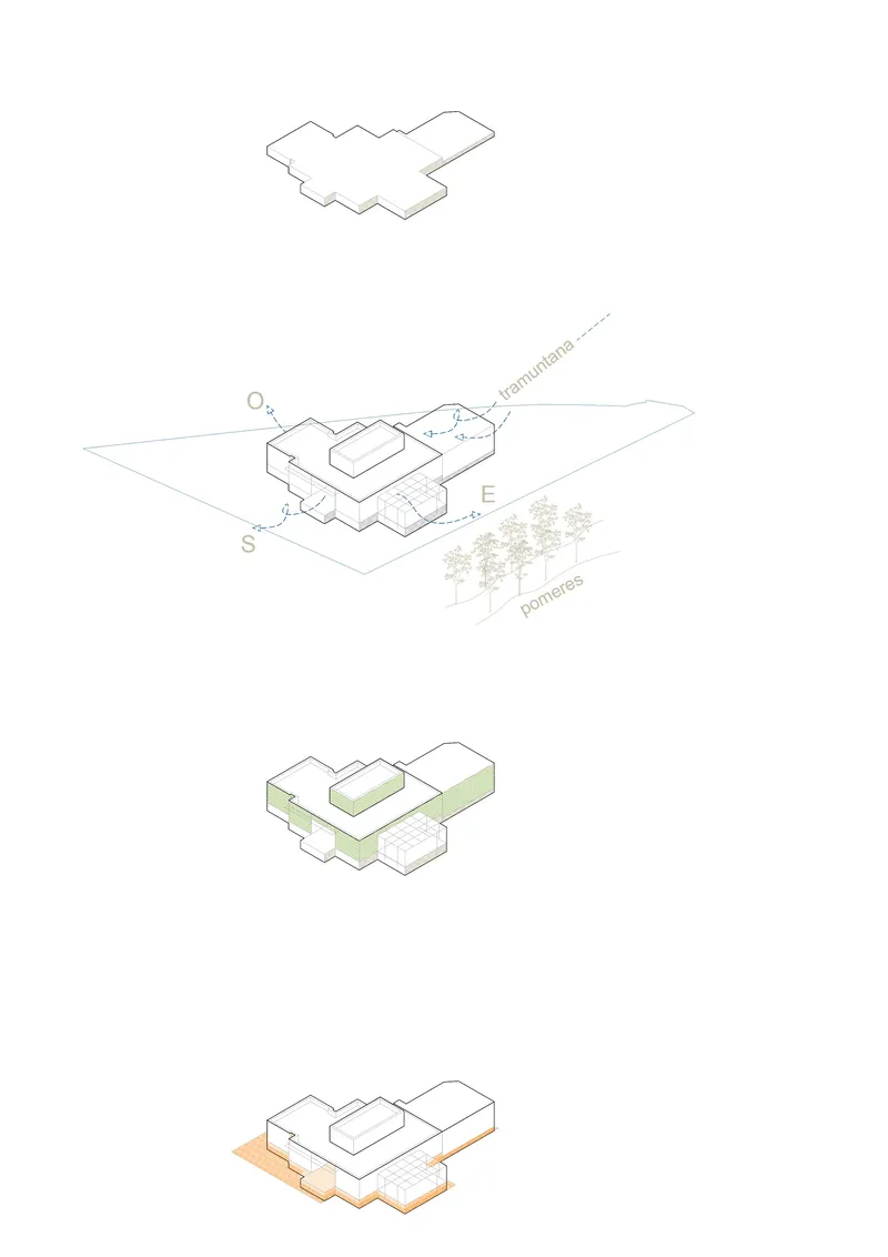 Axonometric drawing sequence showing roofscape, site context with labeled orientations, courtyard gardens, and terraced base levels