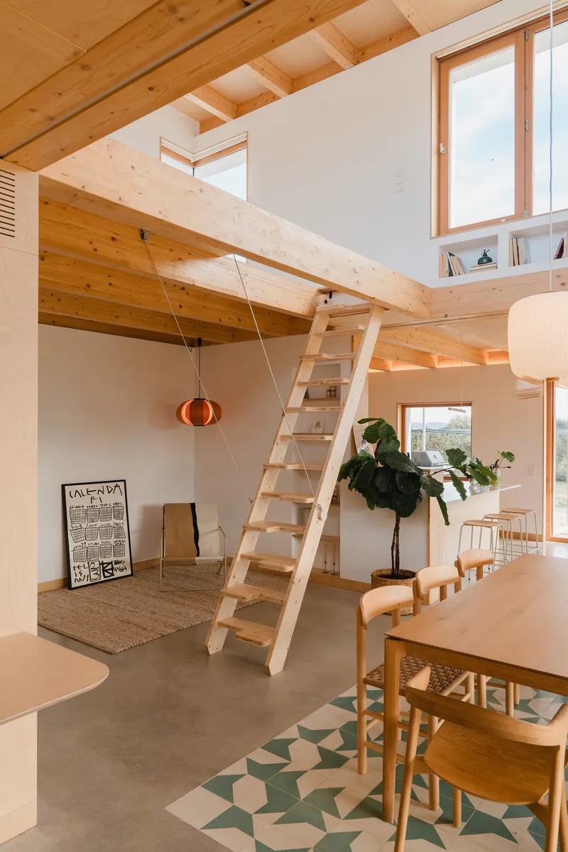 Double-height living space with timber ladder stair leading to upper mezzanine and geometric floor tiles beneath