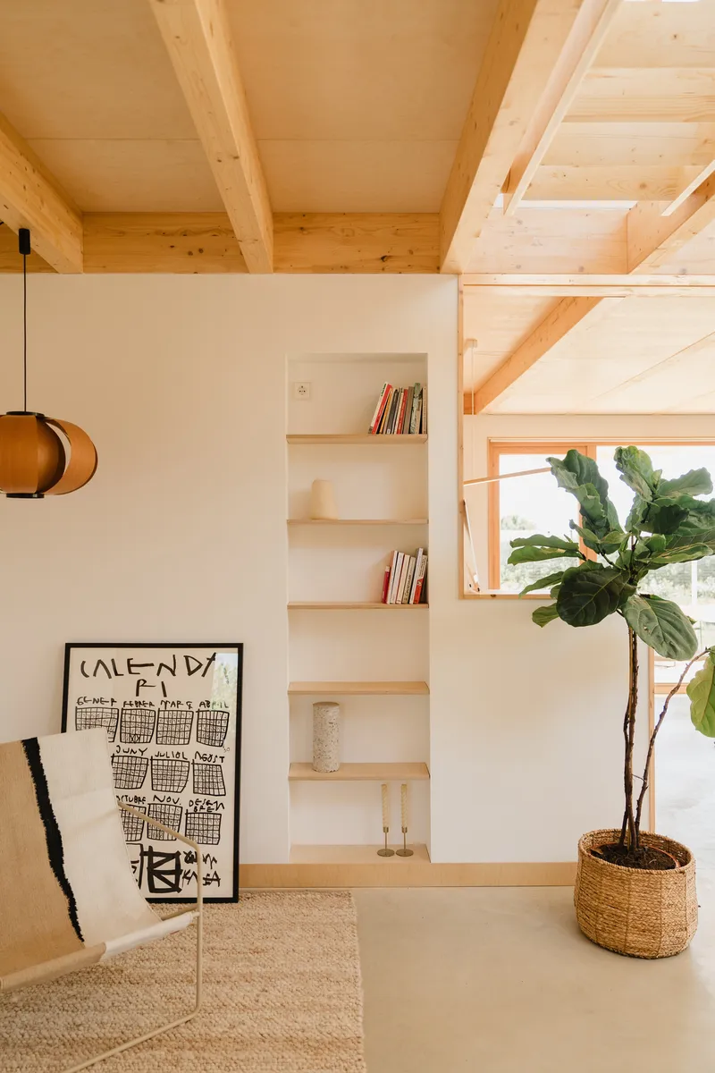 Built-in shelving unit beneath timber staircase with potted fiddle-leaf fig and pendant lamp overhead