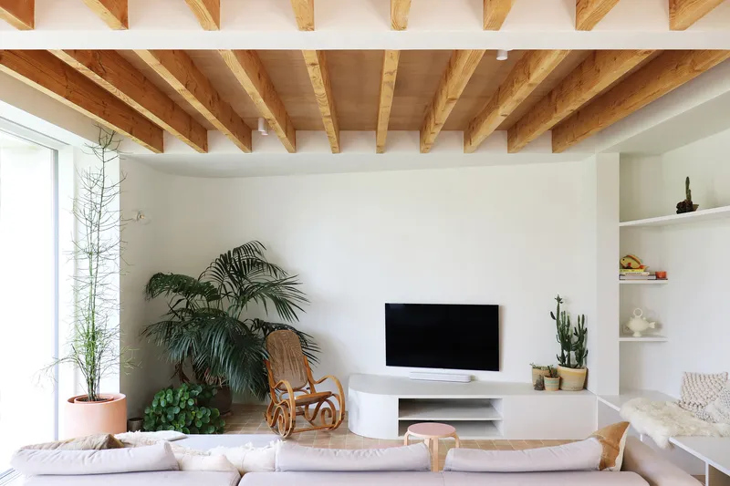 Living room with exposed timber joists and beams over white walls and potted plants near a window