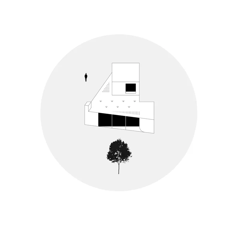 Axonometric drawing of an angular two-story volume with a solitary tree below