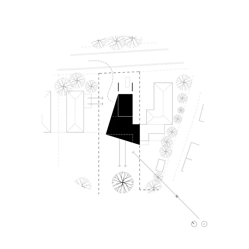 Site plan drawing showing the footprint surrounded by existing structures and landscaping