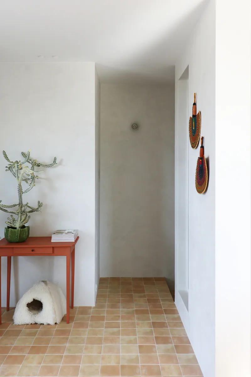 Entrance corridor with terracotta floor tiles leading to a recessed doorway with a textured plaster wall