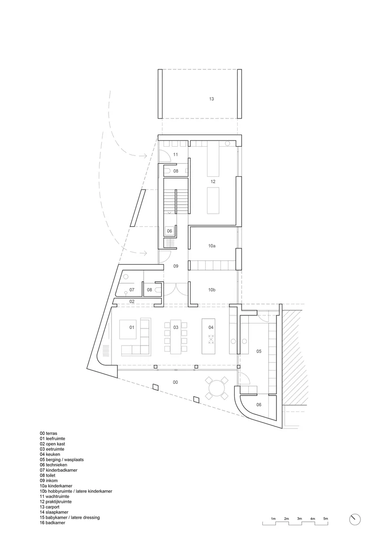Ground floor plan drawing with open living spaces and an angled terrace