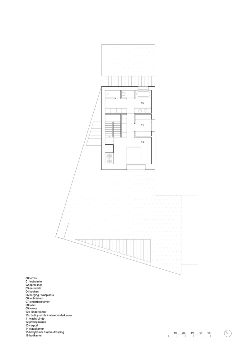 Upper floor plan drawing with bedrooms and a roof terrace extension