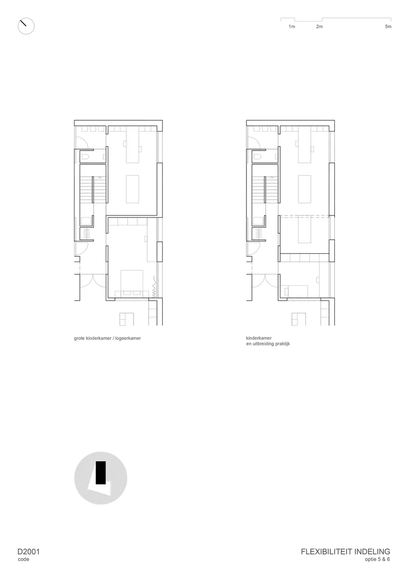 Floor plan drawing showing two layout options with central staircase and flexible room configurations