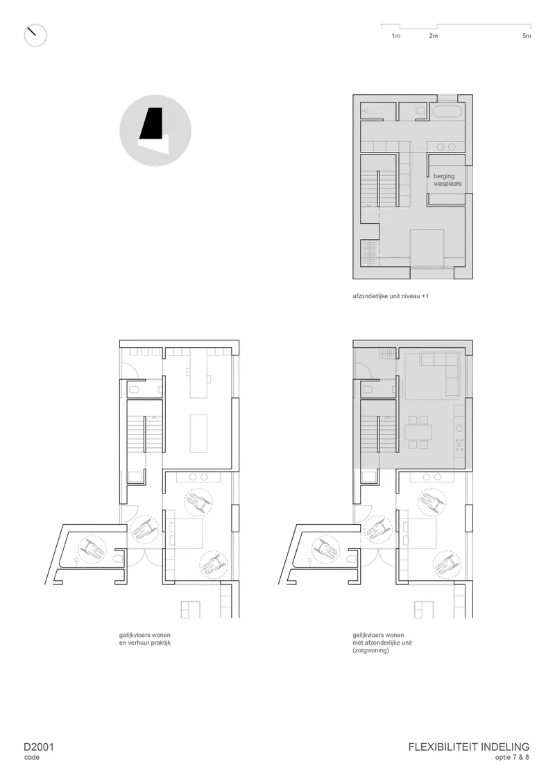 Floor plan drawing showing multiple levels with staircase, kitchen, and living spaces in various configurations