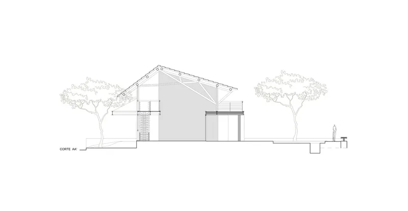 Section drawing revealing the pitched roof structure with trees on either side