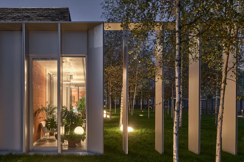 Corner window with interior plants and person visible through glass beside illuminated birch trees