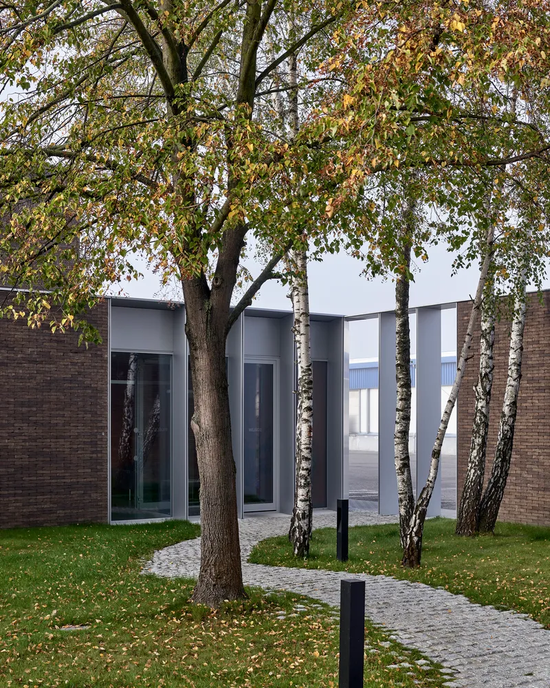 Paved pathway winding through birch trees toward vertical metal and glass entry portals at dusk
